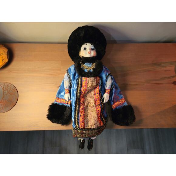 Vintage Russian Porcelain Doll 17.25" Folk Costume Fur Hat - Picture 1 of 10